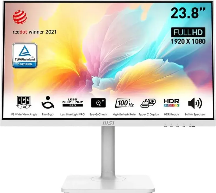 Монитор 23.8" MSI Modern MD2412PW IPS 1920x1080, 100 Гц, 4 мс (GtG), 16:9, 300 кд/м², HDMI, USB-C (15 Вт), встроенные динамики (2x3 Вт), Flicker Free, Low Blue Light, AMD FreeSync, регулировка по высоте, поворотная подставка, портретный режим, белый