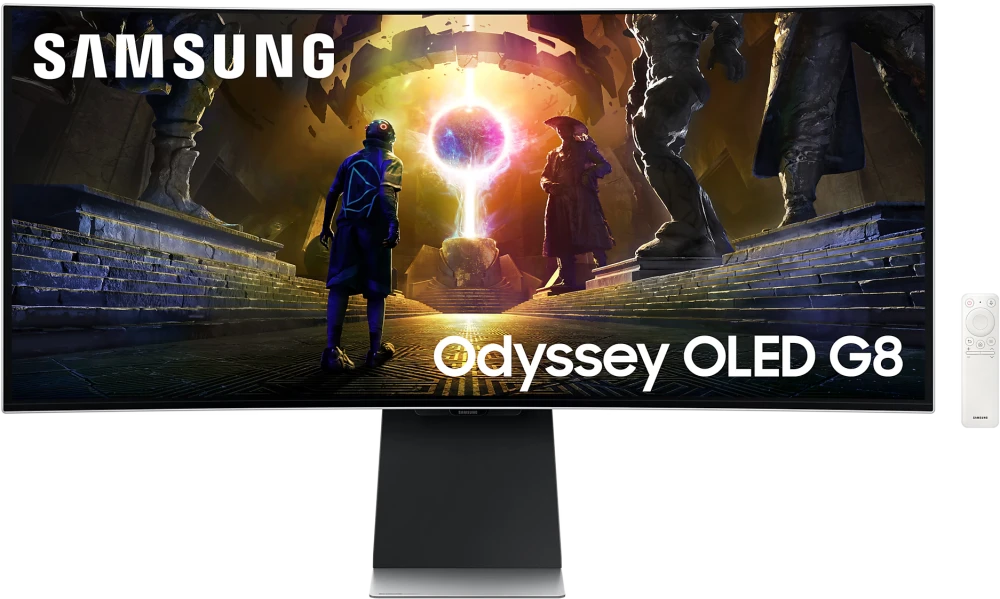 Монитор 34" Samsung Odyssey G8 S34DG852SI OLED 3440x1440, 175 Гц, 0.03 мс, 21:9, 250 кд/м², 2xHDMI 2.1, DP 1.4, USB Hub (2x USB), динамики (2x5 Вт), FreeSync, G-Sync, HDR10, изогнутый экран (1800R), серебристый