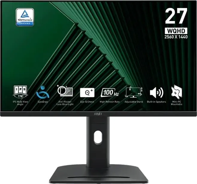 Монитор 27" MSI PRO MP275QPG IPS 2560x1440, 100 Гц, 4 мс (GtG), 16:9, HDR, 300 кд/м², HDMI 2.0b (x2), DisplayPort 1.2a, встроенные динамики (2x2 Вт), Flicker Free, слот для замка, регулировка по высоте, поворотная подставка, портретный режим, черный