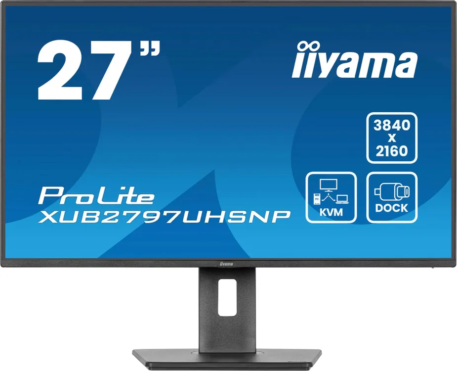 Монитор 27" iiyama XUB2797UHSNP-B1 IPS 4K 3840x2160, 60 Гц, 4 мс, 16:9, 350 кд/м², HDMI, DisplayPort, USB-A, USB-C (96 Вт), Ethernet, KVM-модуль, встроенные динамики, Flicker Free, Low Blue Light, трехсторонний безрамочный дизайн, регулировка по высоте, поворот на 90 градусов, черный