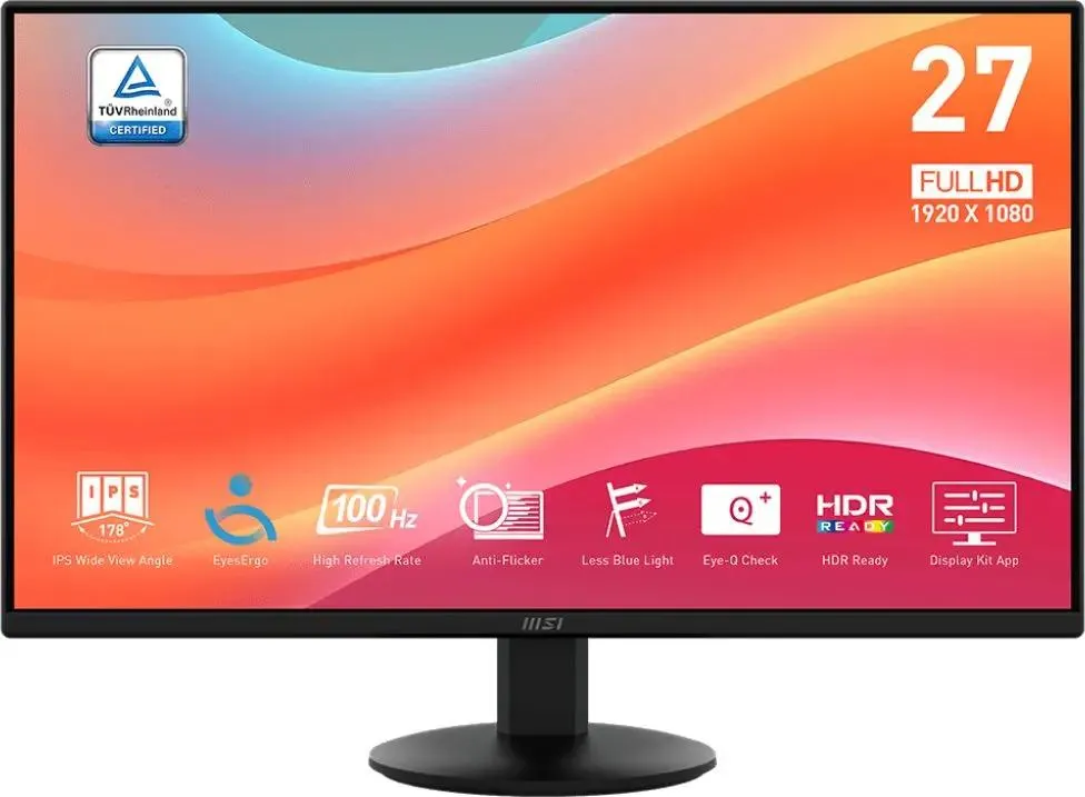 Монитор 27" MSI PRO MP272L IPS 1920x1080, 100 Гц, 4 мс (GtG), 16:9, 250 кд/м², HDMI, DisplayPort 1.2a, выход на наушники, Flicker Free, Low Blue Light, AMD FreeSync, наклон экрана, черный