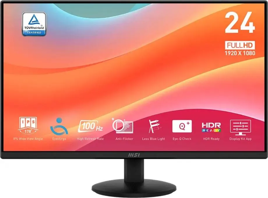 Монитор 23.8" MSI PRO MP242L IPS 1920x1080, 100 Гц, 4 мс (GtG), 16:9, 250 кд/м², HDMI, DisplayPort 1.2a, выход на наушники, Flicker Free, Low Blue Light, Adaptive-Sync, слот для замка, наклон экрана, черный