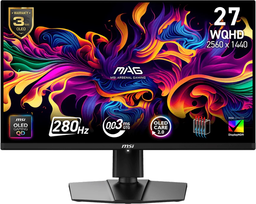 Монитор 26.5" MSI MAG 271QP QD-OLED X28 QD-OLED 2560x1440, 280 Гц, 0.03 мс, 16:9, 1000 кд/м², HDMI 2.1, DP, USB-C (15 Вт), 3.5 Jack, USB Hub, Adaptive-Sync, черный