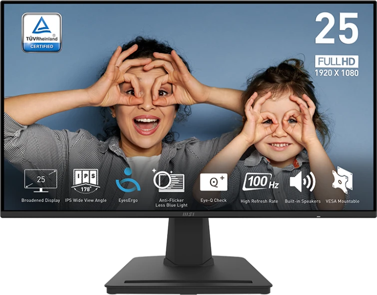 Монитор 24.5" MSI Pro MP252 IPS 1920x1080, 100 Гц, 1 мс, 16:9, 300 кд/м², HDMI, DP, 3.5 Jack, динамики (2x2 Вт), черный