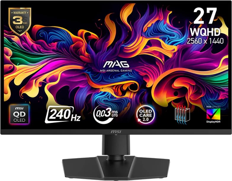 Монитор 26.5" MSI MAG 271QP QD-OLED 2650x1440, 240 Гц, 0.03 мс, 16:9, 240 кд/м², HDMI 2.1, DP 1.4a, 3.5 Jack, USB-C, Adaptive-Sync, черный