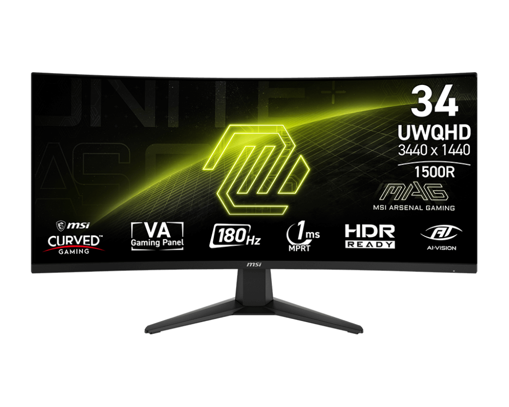 Монитор 34" MSI MAG 346CQ VA 3440x1440, 180 Гц, 1 мс, 21:9, 300 кд/м², 2xHDMI 2.0b, DP 1.4a, USB-C, 3.5 Jack, HDR Ready, Adaptive-Sync, изогнутый экран (1500R), черный