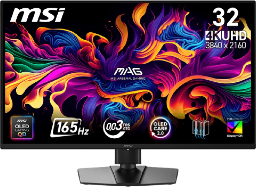 Монитор 31.5" MSI MAG 322UP QD-OLED E16 QD-OLED 3840x2160, 165 Гц, 0.03 мс, 16:9, 250 кд/м², HDMI 2.1, DP, USB-C (15 Вт), 3.5 Jack, HDR10, DisplayHDR 400 True Black, Adaptive-Sync, черный