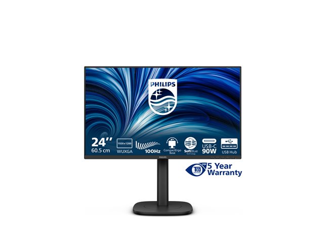 Монитор 23.8"/24" Philips 24B2U3301D IPS 1920x1200, 120 Гц, 4 мс (GtG), 16:10, 300 кд/м², HDMI 1.4, DP 1.4, USB-C (90 Вт), USB Hub (4x USB 3.2), 3.5 Jack, LAN, динамики (2x2 Вт), Adaptive-Sync, VESA 100x100, черный