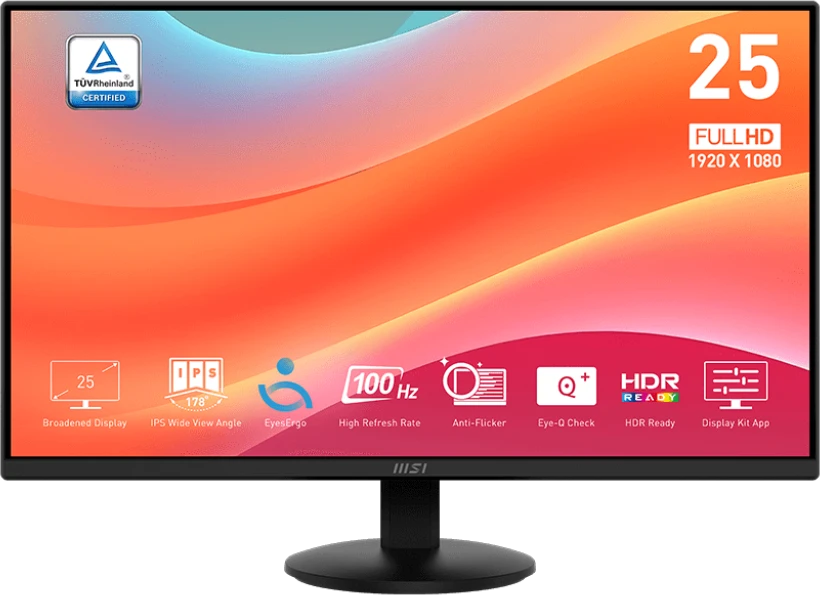 Монитор 24.5" MSI Pro MP252L IPS 1920x1080, 100 Гц, 1 мс, 16:9, 250 кд/м², HDMI 1.4b, DP 1.2, 3.5 Jack, Adaptive-Sync, черный