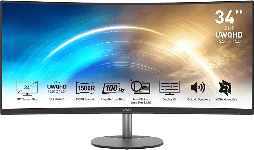 Монитор 34" MSI PRO MP341CQ VA 3440x1440, 100 Гц, 1 мс, 21:9, 300 кд/м², 2xHDMI 2.0b, DP 1.2a, 3.5 Jack, динамики (2x2 Вт), изогнутый экран (1500R), FreeSync, черный