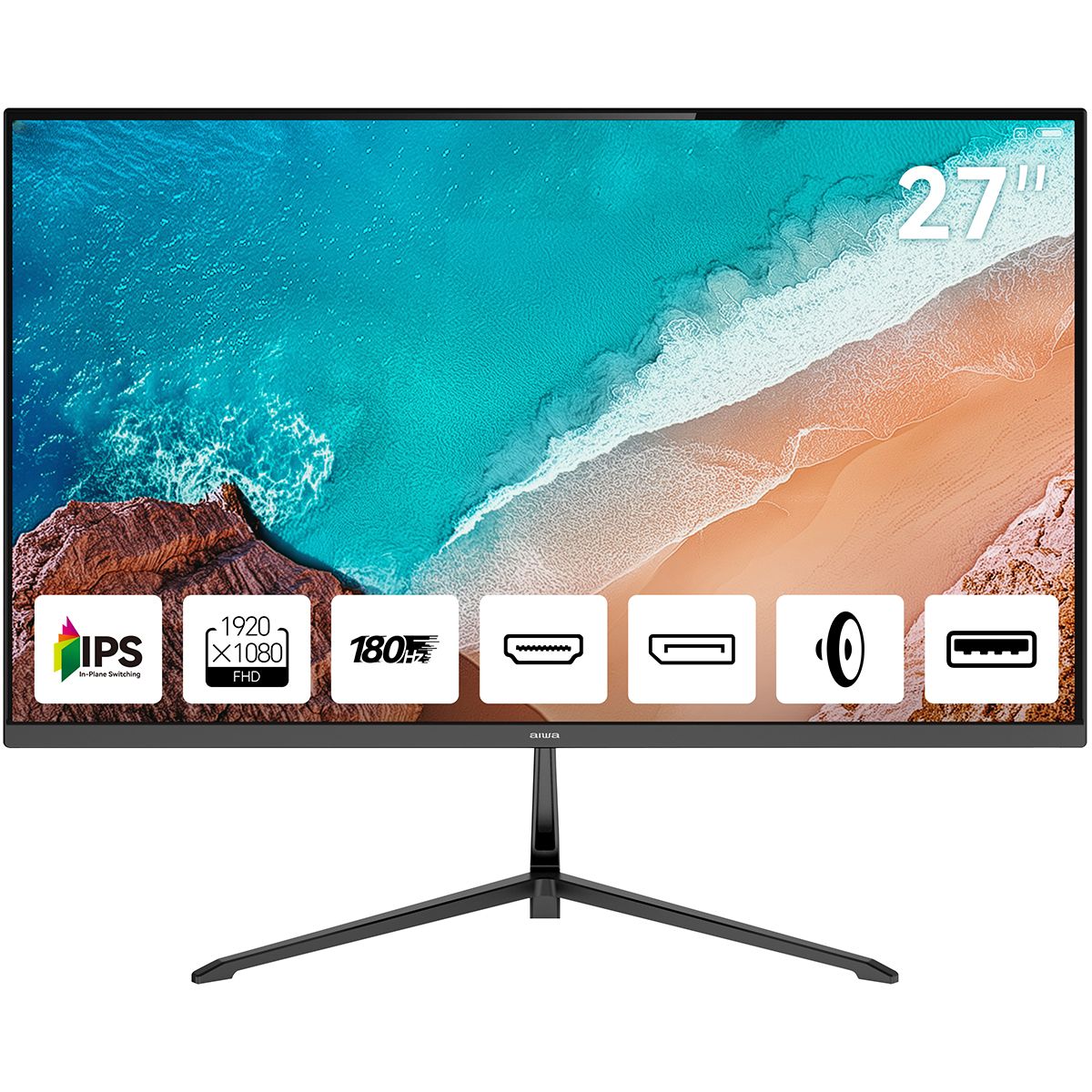 Монитор 27" Aiwa MD2712 IPS 1920x1080, 180 Гц, 1 мс, 16:9, 300 кд/м², 2xHDMI 2.0, DP 1.2, 3.5 Jack, USB Hub (1x USB), динамики (2x2 Вт), HDR10, FreeSync, G-Sync, черный