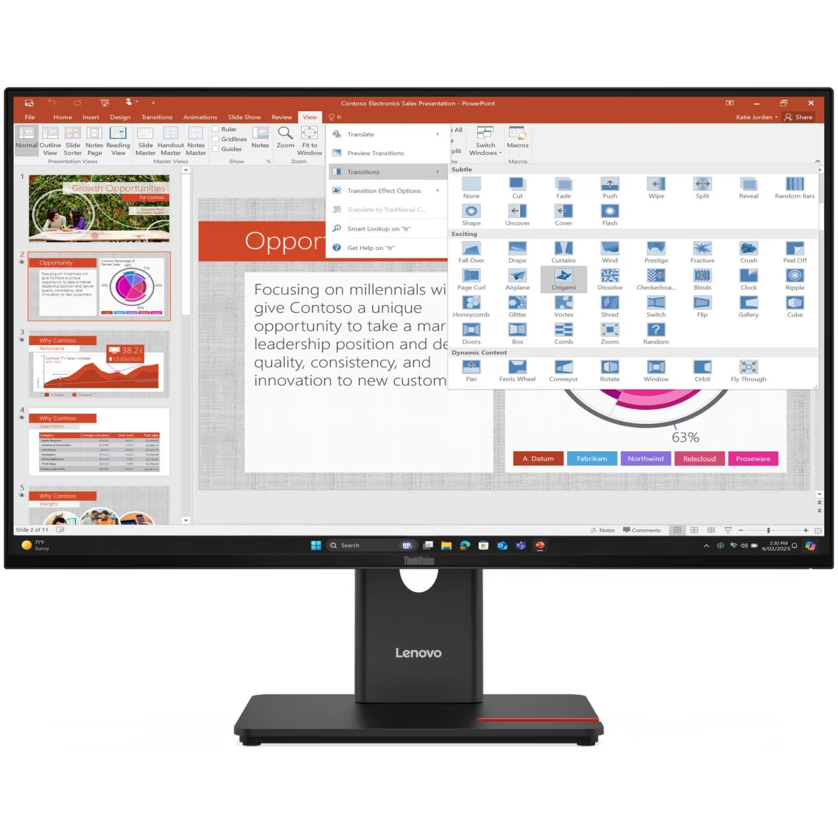 Монитор 27" Lenovo T27-40 IPS 1920x1080, 120 Гц, 4 мс, 16:9, 300 кд/м², VGA, HDMI 1.4, DP 1.2, USB-C (15 Вт PD), USB Hub (3×USB 3.2 Gen1), 3.5 Jack, HDR10, черный