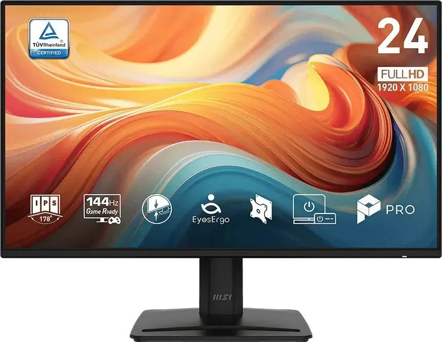 Монитор 23.8" MSI PRO MP242 E14A IPS 1920x1080, 144 Гц, 4 мс (GtG), 16:9, 300 кд/м², HDMI, DisplayPort 1.2a, VGA, выход на наушники, встроенные динамики (2x2 Вт), Flicker Free, Low Blue Light, Adaptive-Sync, слот для замка, черный