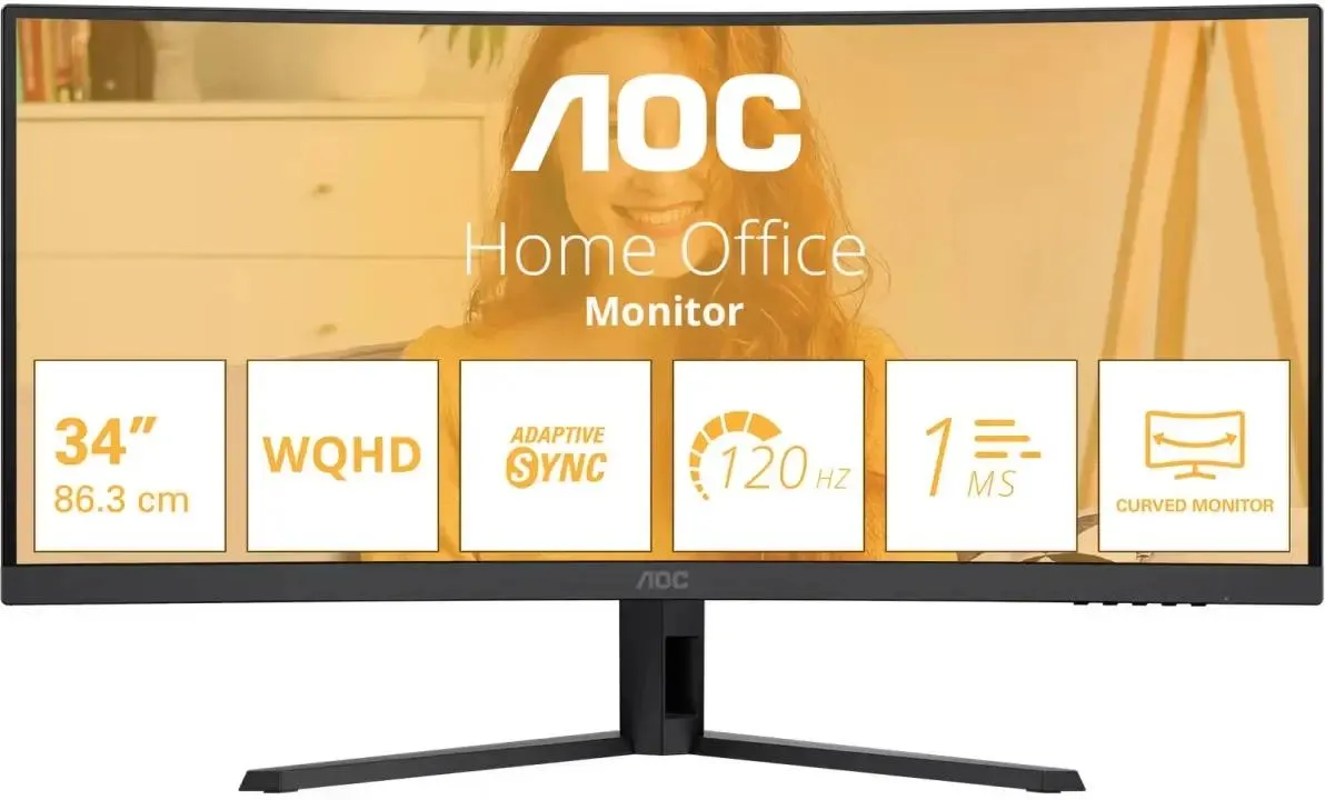 Монитор 34" AOC CU34B3E VA 3440x1440, 120 Гц, 4 мс, 21:9, 300 кд/м², HDMI, DisplayPort, изогнутый экран, HDR, Flicker Free, Low Blue Light, черный