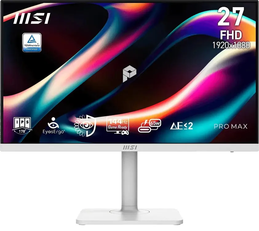 Монитор 27" MSI PRO MAX 271PHW E14 IPS 1920x1080, 144 Гц, 4 мс (GtG), 16:9, 250 кд/м², HDMI 2.0b, DisplayPort 1.2a, USB-C (65 Вт), встроенные динамики (2x3 Вт), Flicker Free, Low Blue Light, Adaptive-Sync, регулировка по высоте, поворотная подставка, портретный режим, слот для замка, белый
