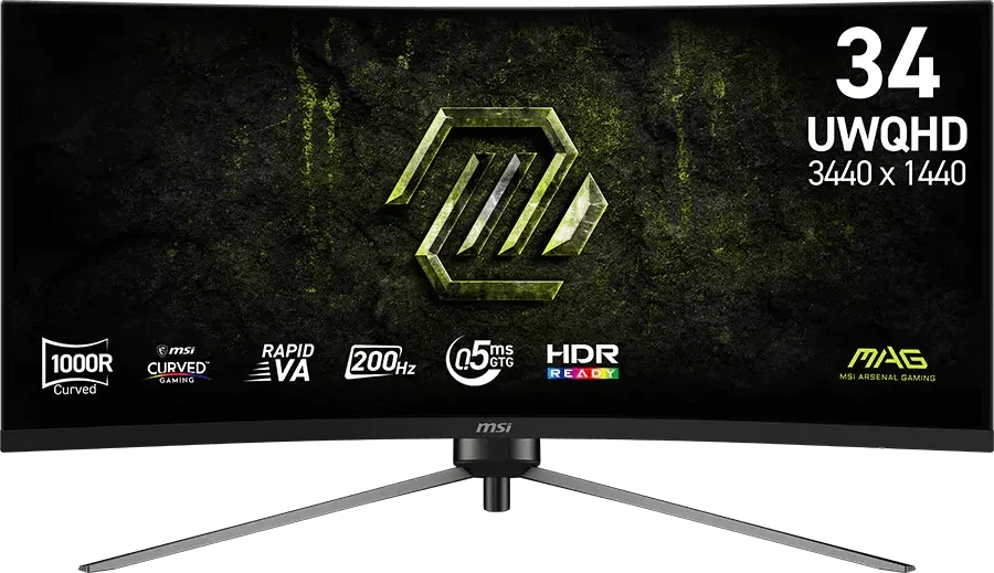 Монитор 34" MSI MAG 345CQRF E20 VA 3440x1440, 200 Гц, 0.5 мс (GtG), 21:9, изогнутый (1000R), HDMI 2.0b (x2), DisplayPort, выход на наушники, Flicker-Free, Low Blue Light, поддержка HDR, PiP/PbP, ночное видение, прицел, консольный режим, поворот по горизонтали и на 90°, регулировка по высоте (100 мм), VESA 100x100, черный