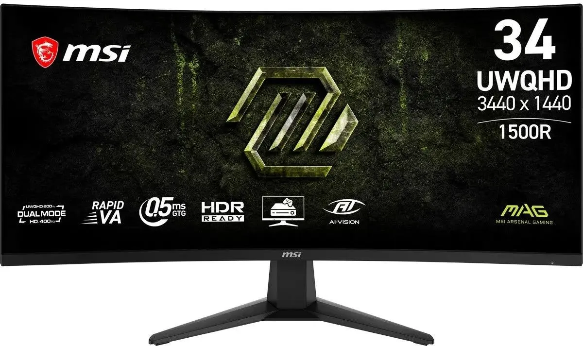 Монитор 34" MSI MAG 346CQDF E20 VA 3440x1440, 200 Гц, 0.5 мс, 21:9, изогнутый, HDMI 2.0b (x2), DisplayPort 1.4a, выход на наушники, Flicker-Free, Low Blue Light, PiP/PbP, ночное видение, прицел, консольный режим, поворот по горизонтали, слот для замка, черный