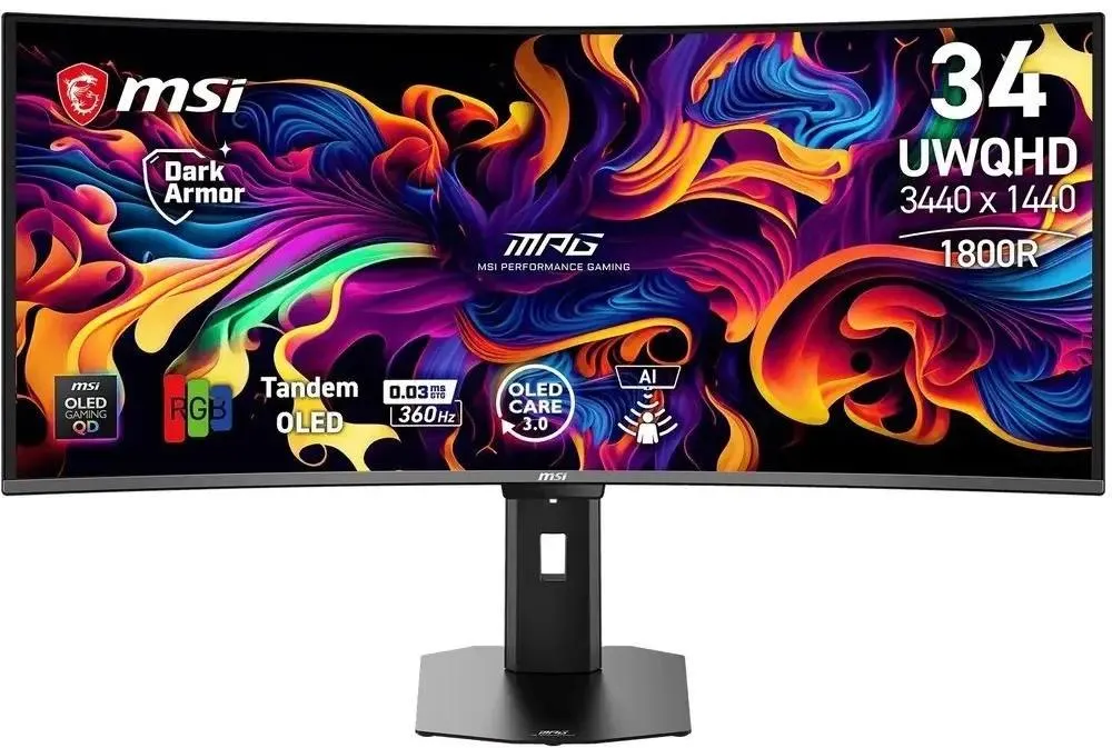 Монитор 34" MSI MPG 341CQR QD-OLED X36 QD OLED 3440x1440, 360 Гц, 0.3 мс, 21:9, DisplayHDR True Black 500, 300 кд/м², изогнутый (1800R), HDMI 2.1 (x2), DisplayPort 1.4a, USB-C (видео), USB-A, USB-B, выход на наушники, AMD FreeSync Premium Pro, G-Sync, Low Blue Light, антибликовое матовое покрытие, регулировка по высоте (110 мм), поворот экрана (-30°/+30°), черный