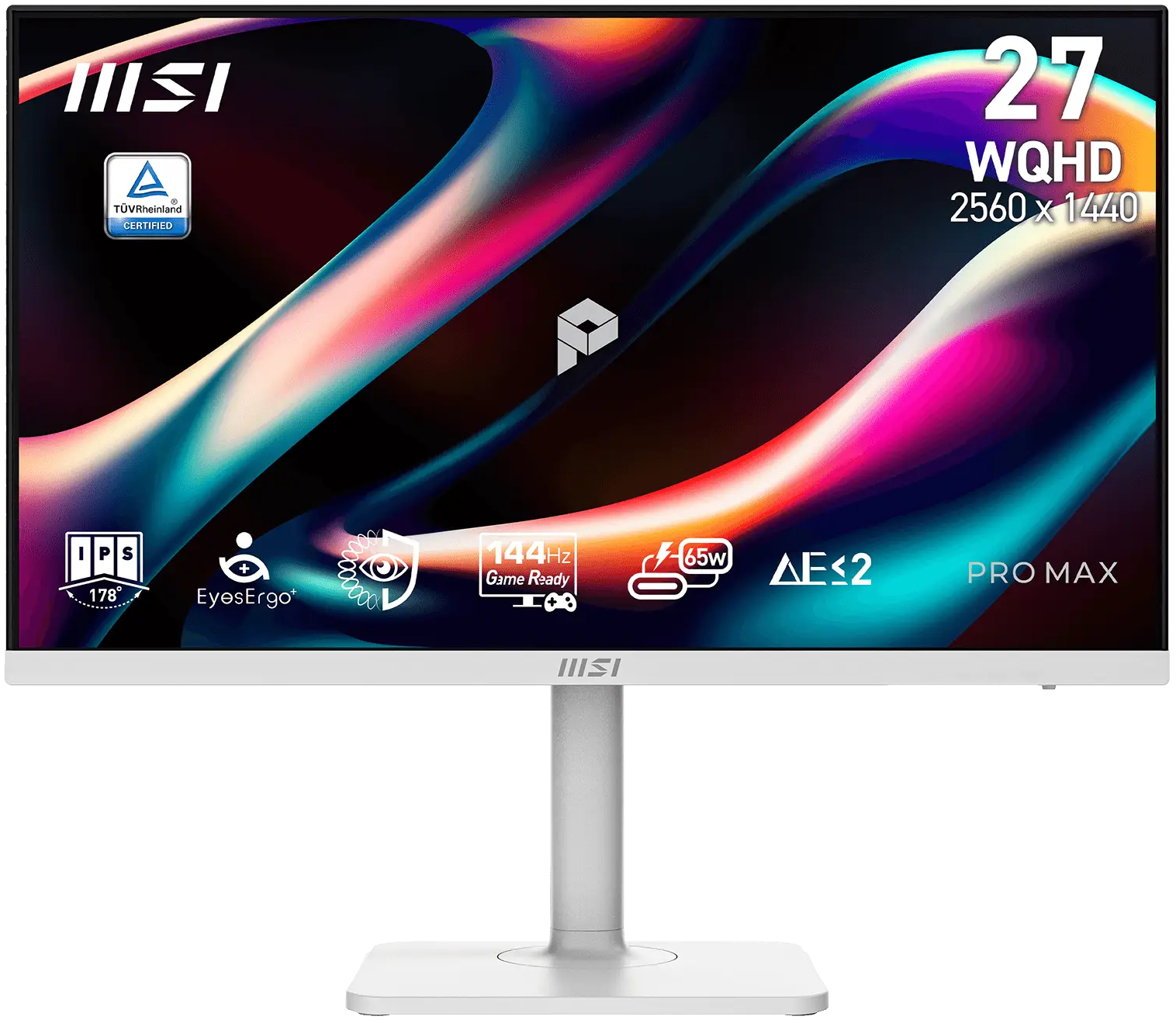 Монитор 27" MSI PRO MAX 271QPHW E14 IPS 2560x1440, 144 Гц, 4 мс (GtG), 16:9, 300 кд/м², HDMI 2.0b (x2), DisplayPort 1.2a, USB-C (65 Вт), встроенные динамики (6 Вт), Flicker Free, Low Blue Light, Adaptive-Sync, HDR Ready, регулировка по высоте, поворотная подставка, портретный режим, подставка для телефона, белый