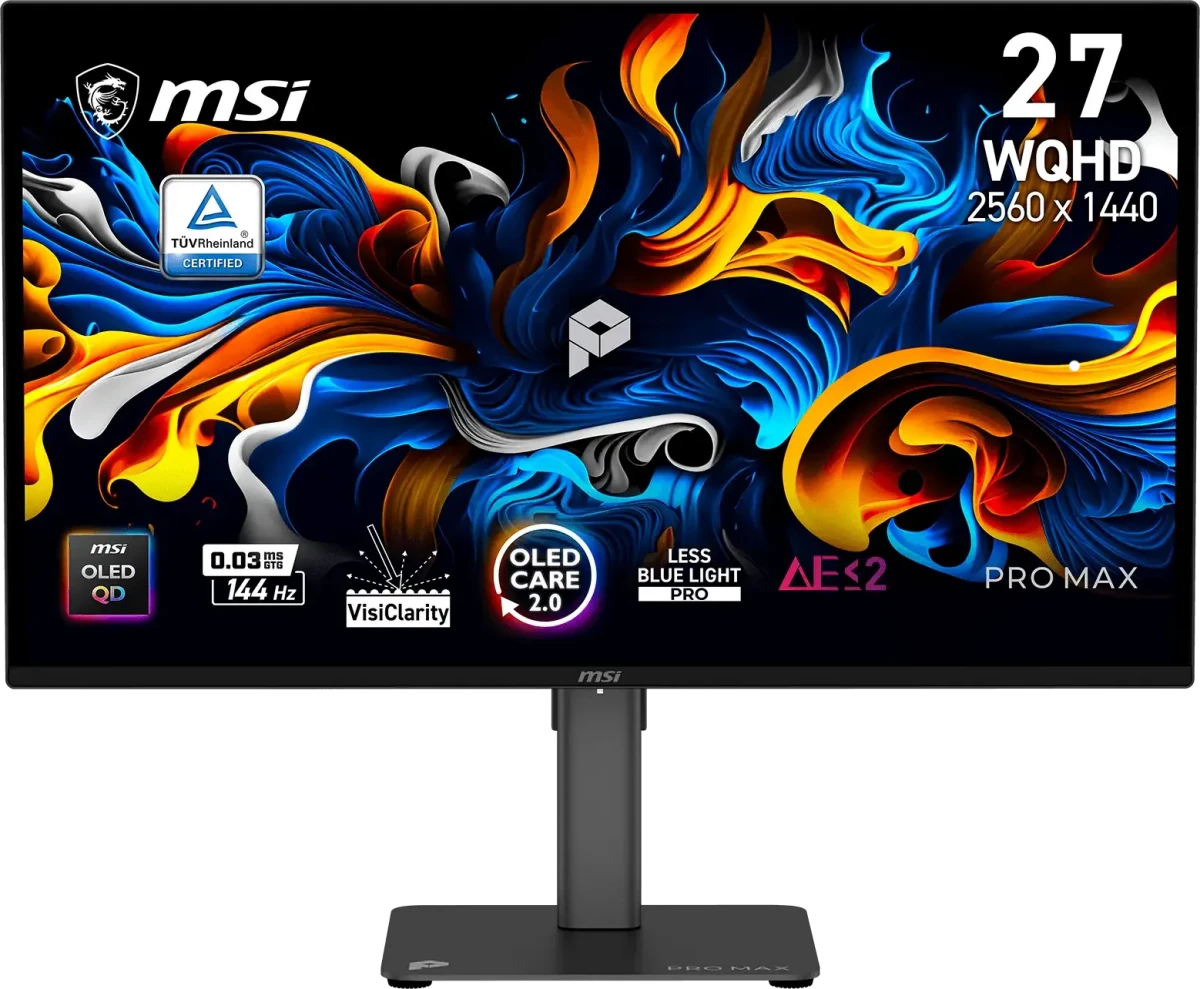 Монитор 27" MSI PRO MAX 271QPX14G QD-OLED 2560x1440, 144 Гц, 0.03 мс (GtG), 16:9, HDR, 400 кд/м², HDMI 2.0b (x2), DisplayPort, USB-C (15 Вт), встроенные динамики (2x2.5 Вт), Flicker Free, Low Blue Light, AMD FreeSync Premium Pro, nVidia G-Sync Compatible, PiP/PbP, регулировка по высоте, поворот на 90°, черный